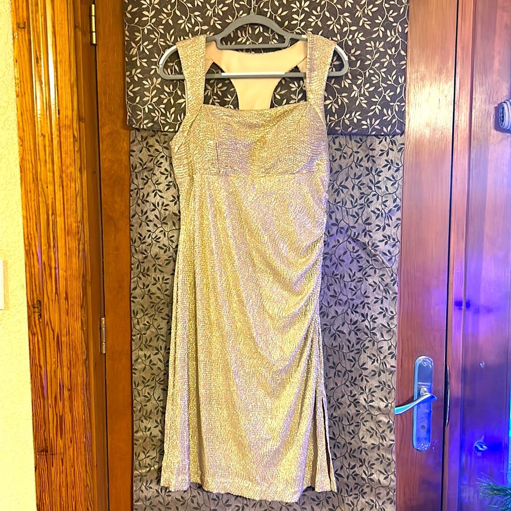 Gold Holiday dress. Side zipper.  Razor back